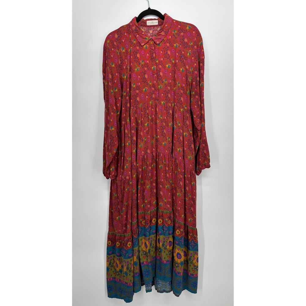 Natural Life Maxi Dress Women XL Red Floral Tiered Boho Rayon Long Sleeve Casual